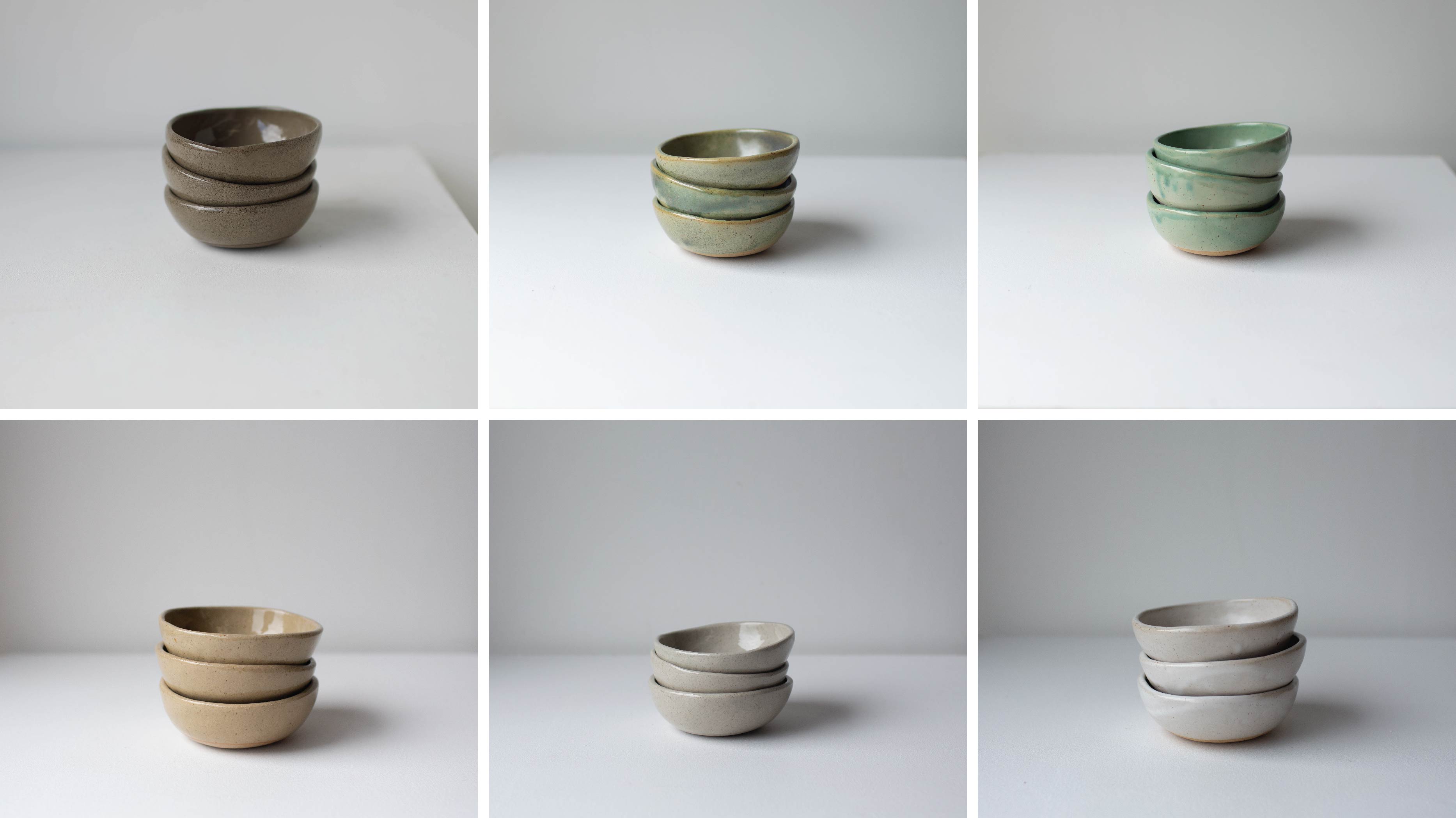 Lil Ceramics olive bowls in Graite, Kelp green, Sage green, Speckled tan, Sandstone, and Satin white
