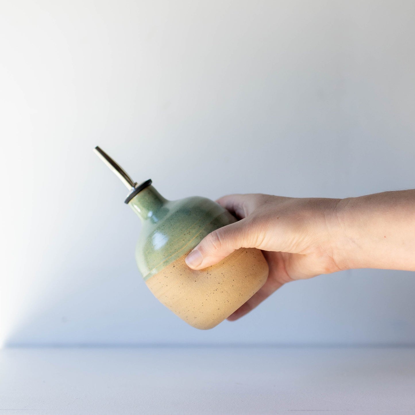 Lil Ceramics small oil pourer sage green handmade in New Zealand