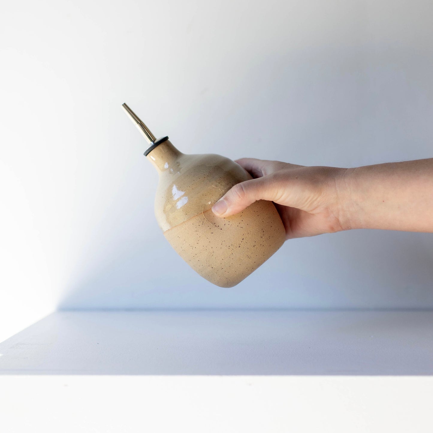 Lil Ceramics Large Speckled tan oil pourer handmade in New Zealand