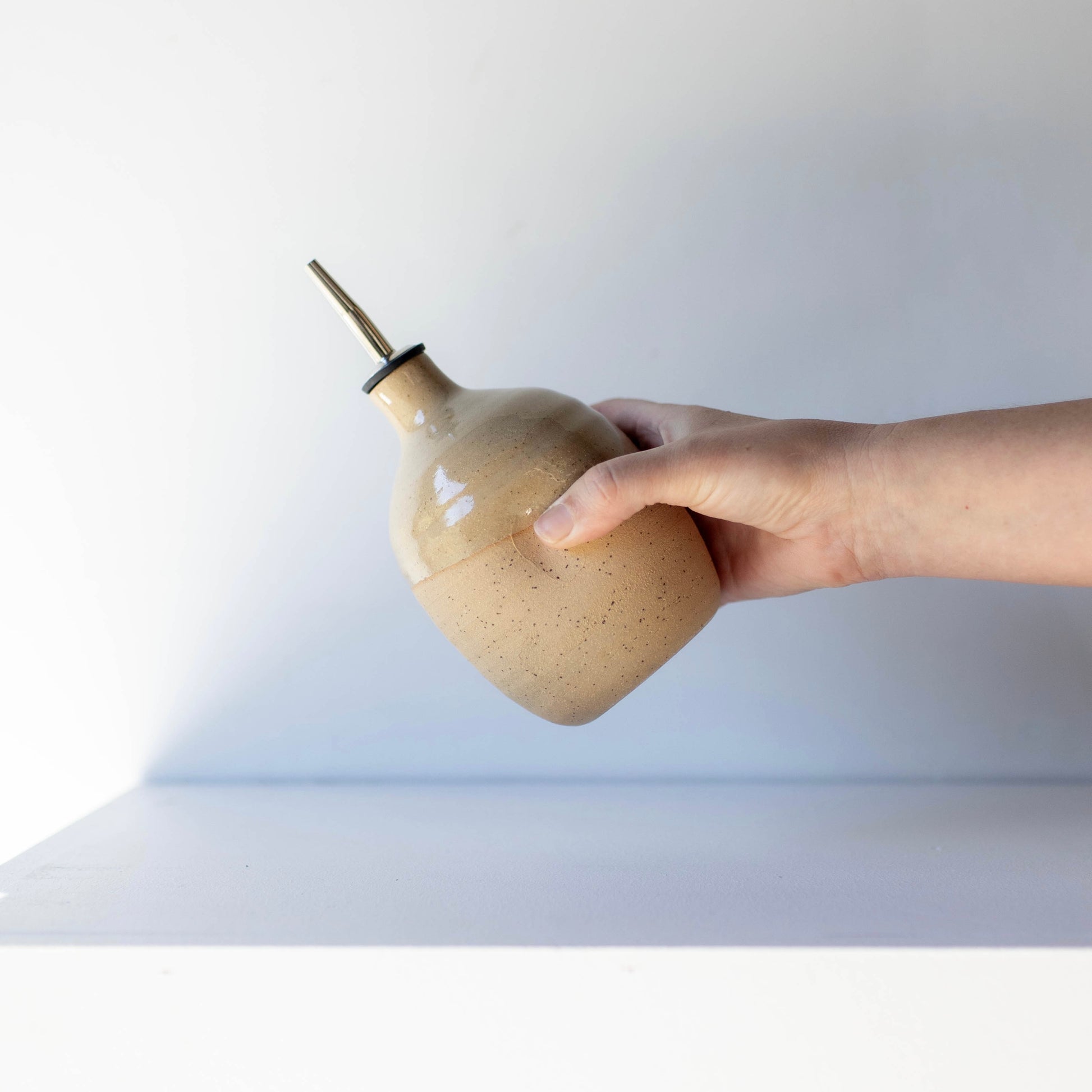 Lil Ceramics Large Speckled tan oil pourer handmade in New Zealand