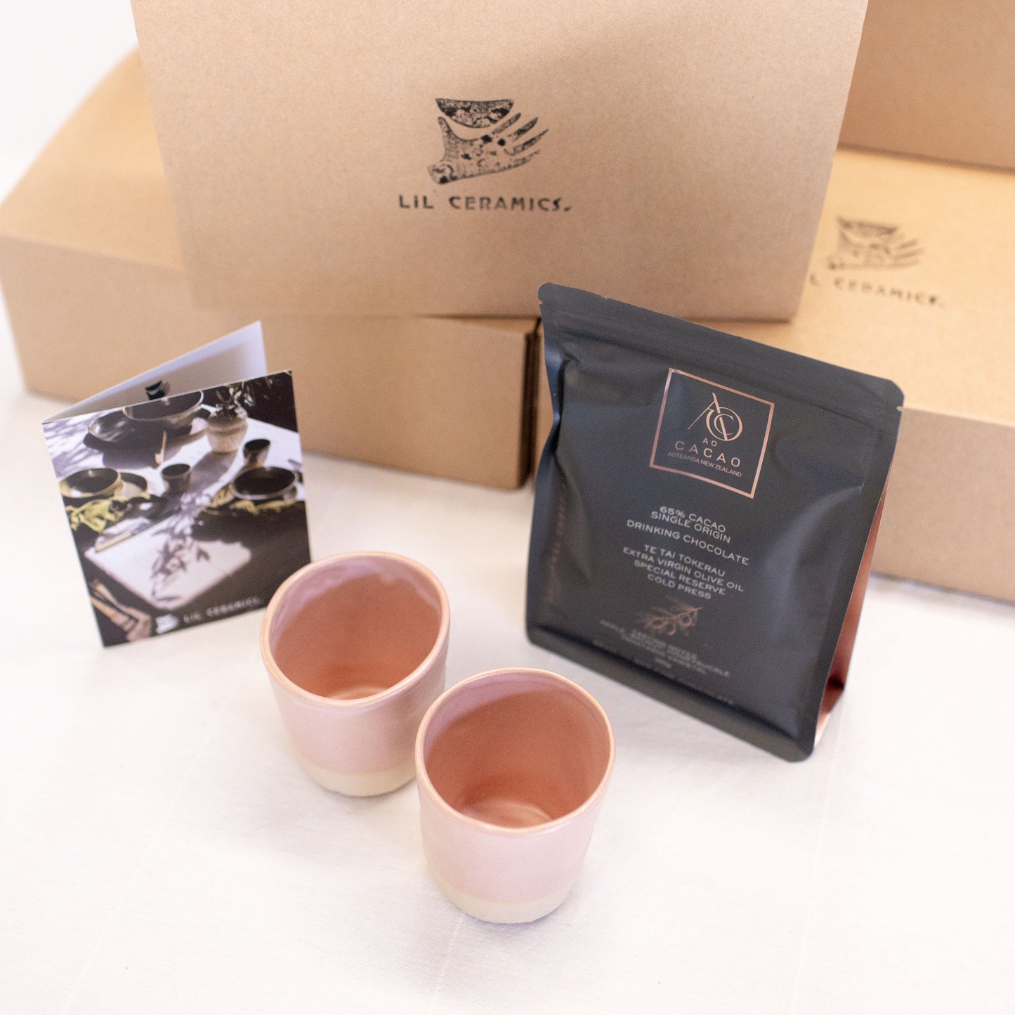 Pink tumbler and Ao Cacao drinking chocolate set